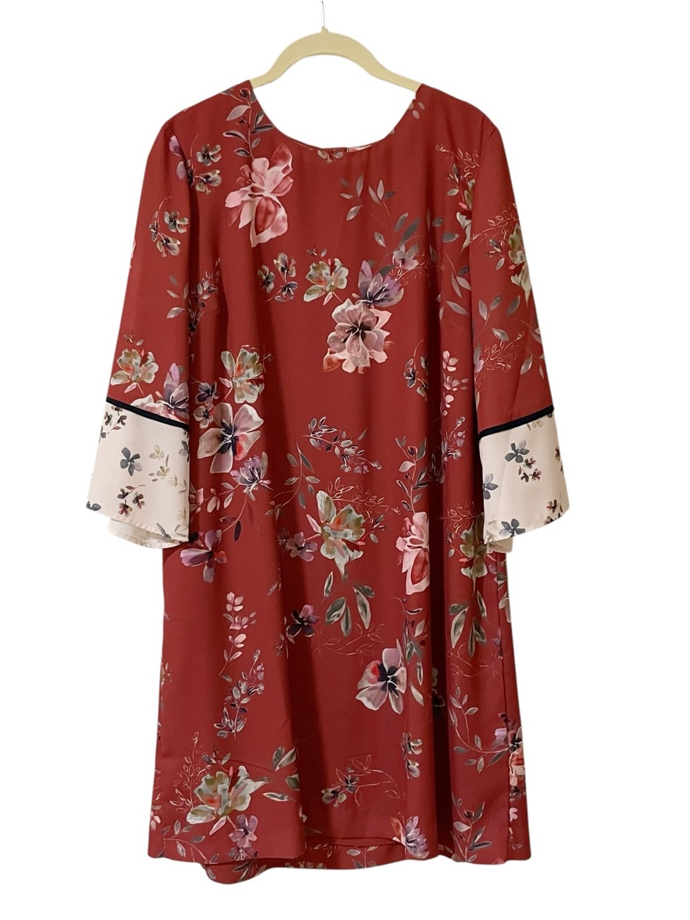 J. Jill Rust Floral Long Sleeve Shift Dress with Cream Contrast Cuffs